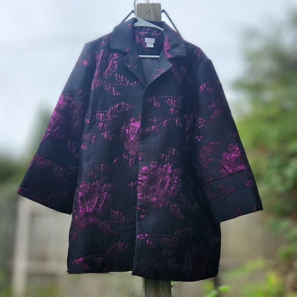 CHICO'S Black/Plum Travelers Floral Jacquard Jacket - Picture 2 of 14